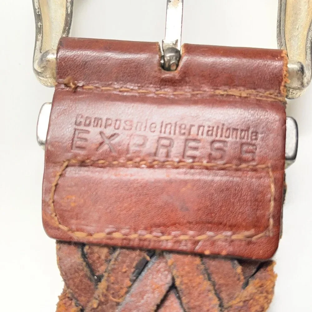 Vintage Express Brown Braided Leather Belt Size S Womens Weave Boho Wide